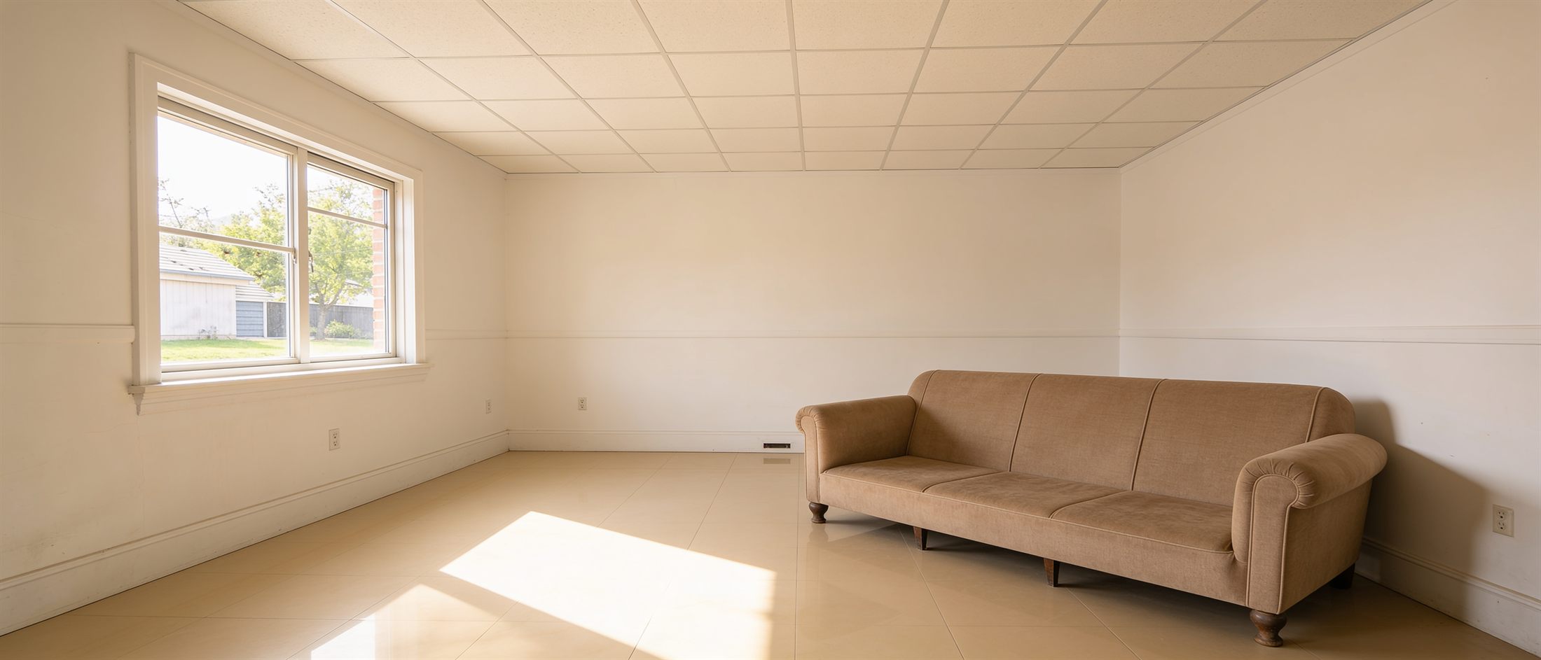 The same living room fully restored — new drywall, clean floors, natural light