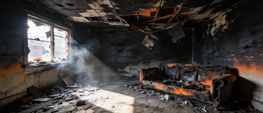 Fire-damaged living room